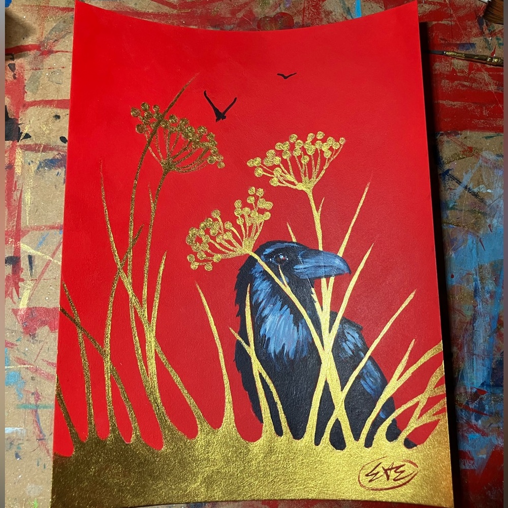 ORIGINAL Raven painting crow bird art New surreal modern nature decor artwork